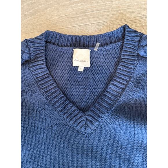 The Westside Tori V-Neck Cable Knit Cotton Sweater in Blue - Picture 2 of 7
